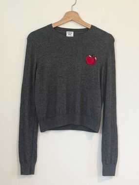 Aritzia Sunday Best Coquette Crewneck Grey Sweater with Red Apple Accent